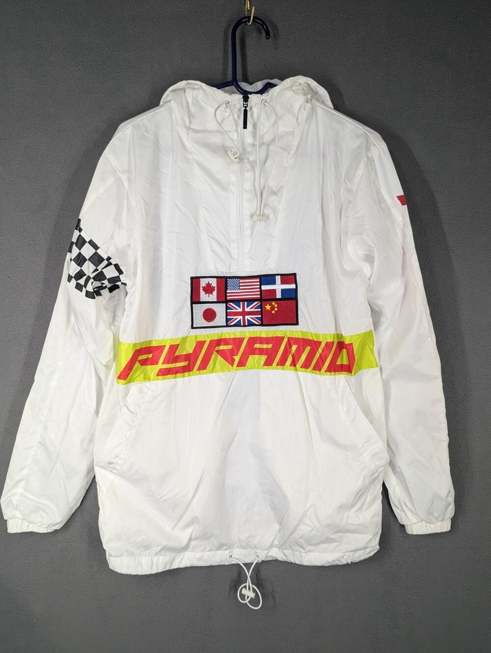 Black Pyramid Mens Small White Windbreaker Pullover Hooded Graphic Jacket